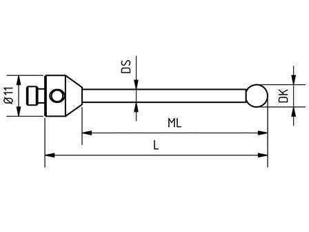 SM5 030 050 RCA - Straight M5 CMM Stylus 3mm Ruby Ball, 50mm Tungsten Carbide Stem, EWL 40mm Technical Drawing