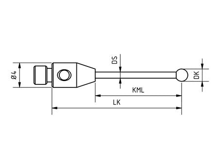 SM3 030 045 RCA - Straight M3 CMM Stylus, Ø3.0mm Ruby Ball, 45mm Tungsten Carbide Stem, EWL 38mm Technical Drawing