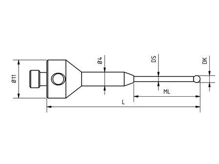 SM5 S135 044 RCA - Stepped M5 CMM Stylus 1.35mm Ruby Ball, 44mm Tungsten Carbide Stem, EWL 19mm Technical Drawing